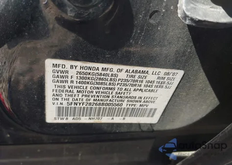 2008 Honda Pilot Vp z USA, uszkodzony, nr VIN 5FNYF28268B005560